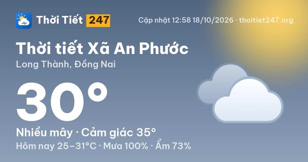 Thời tiết Xã An Phước hôm nay 18/10/2026: 30°C, nhiều mây