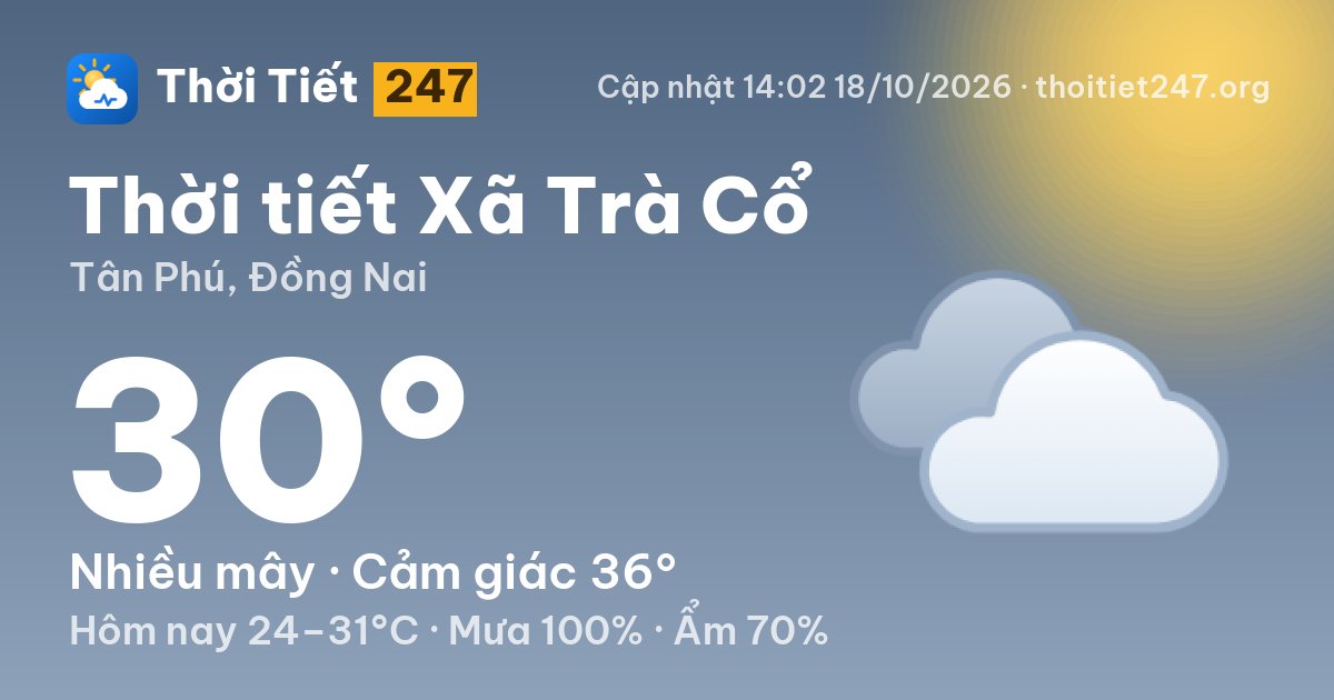 Thời tiết Xã Trà Cổ hôm nay 18/10/2026: 30°C, nhiều mây