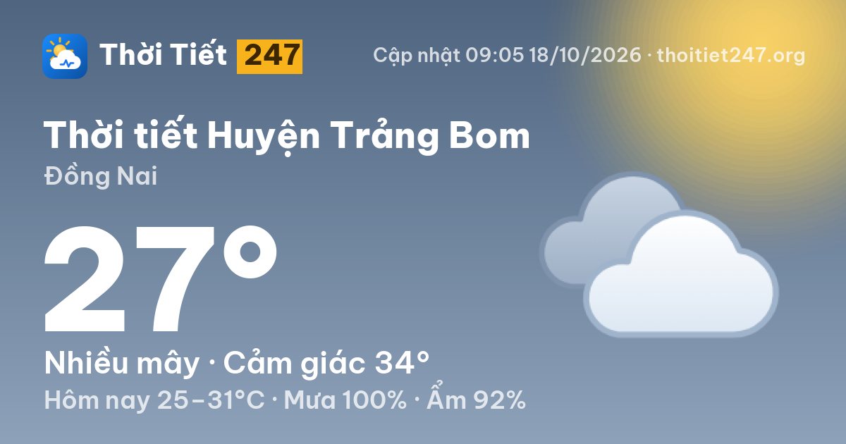 Thời tiết Huyện Trảng Bom hôm nay 18/10/2026: 27°C, nhiều mây