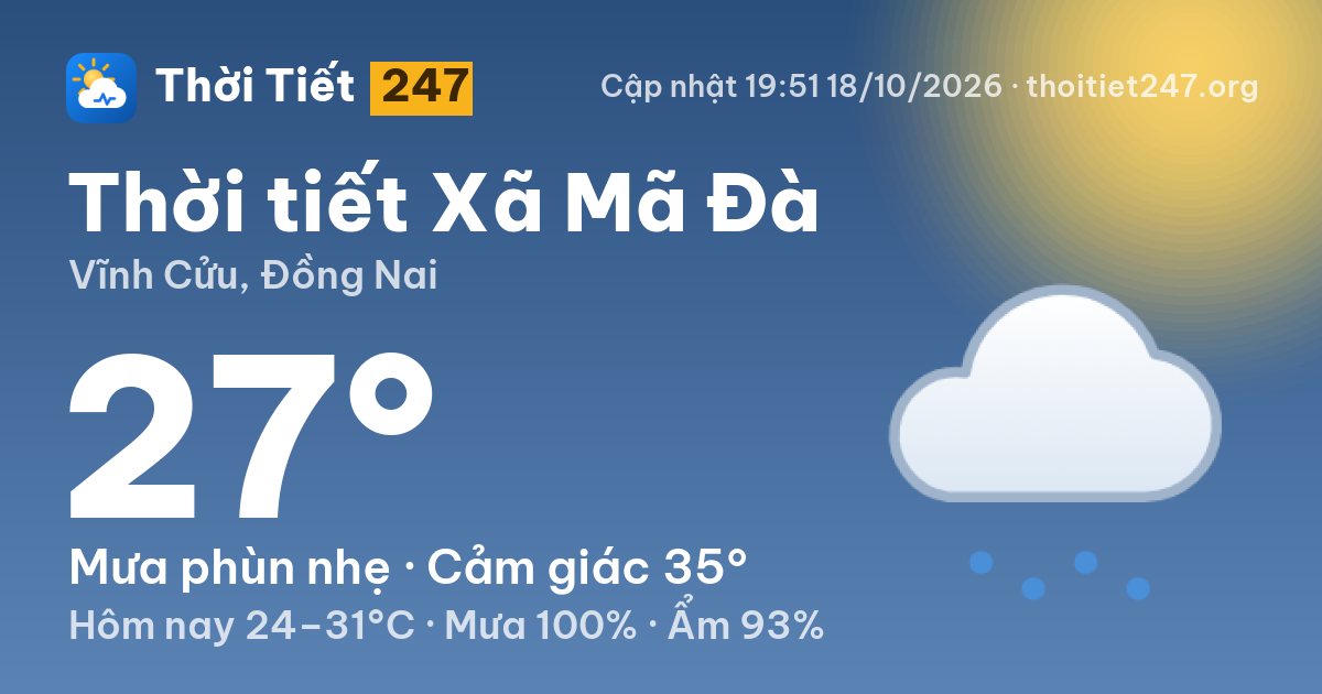 Thời tiết Xã Mã Đà hôm nay 18/10/2026: 27°C, mưa phùn nhẹ