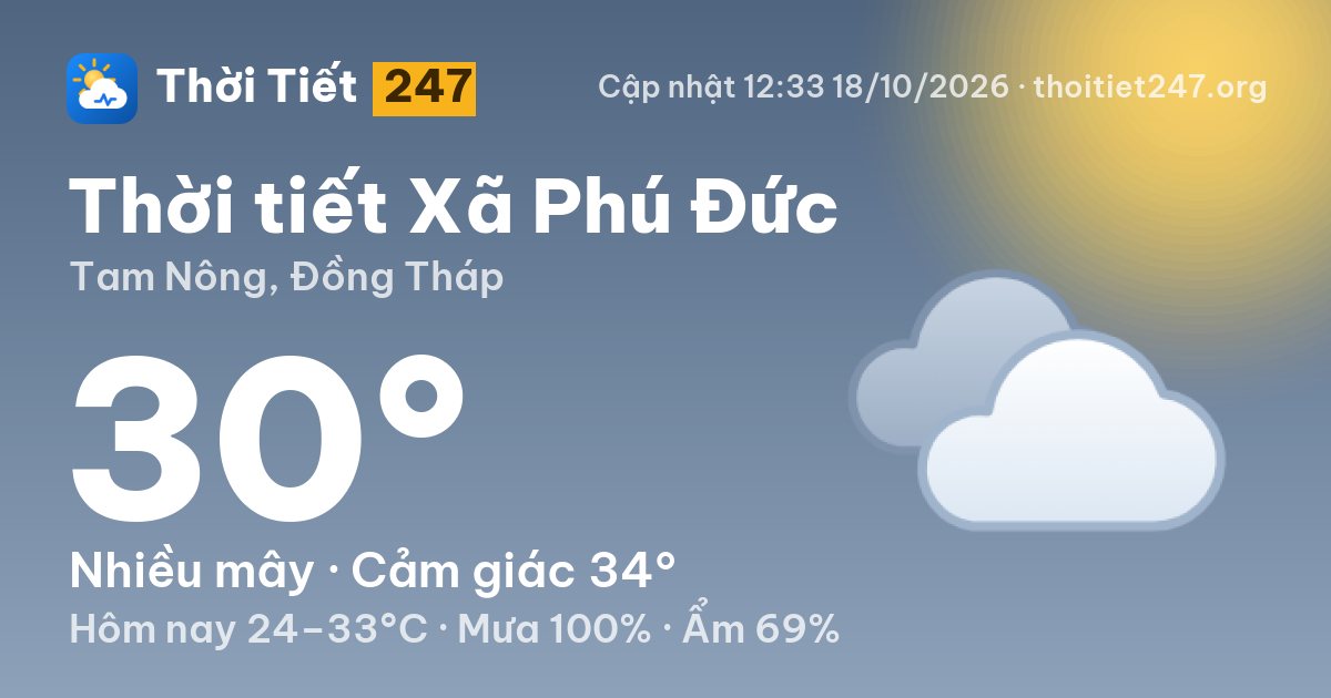 Thời tiết Xã Phú Đức hôm nay 18/10/2026: 30°C, nhiều mây