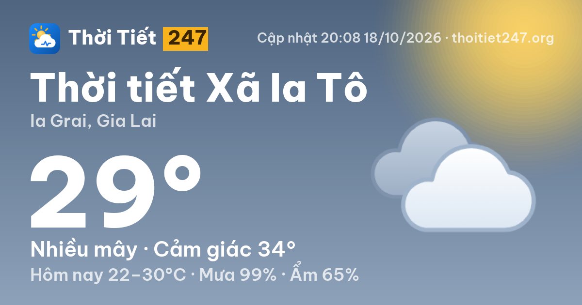 Thời tiết Xã Ia Tô hôm nay 18/10/2026: 29°C, nhiều mây