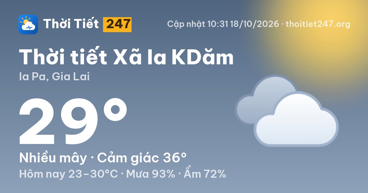 Thời tiết Xã Ia KDăm hôm nay 18/10/2026: 25°C, mưa phùn nhẹ