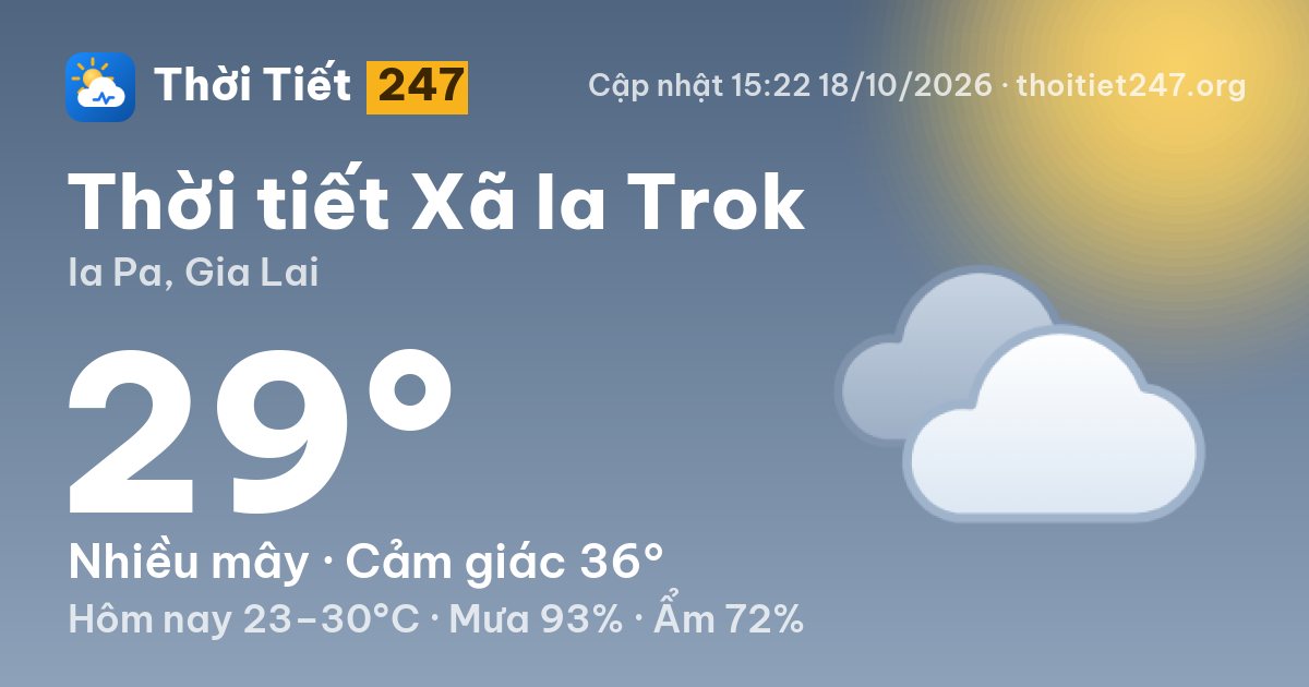 Thời tiết Xã Ia Trok hôm nay 18/10/2026: 29°C, nhiều mây