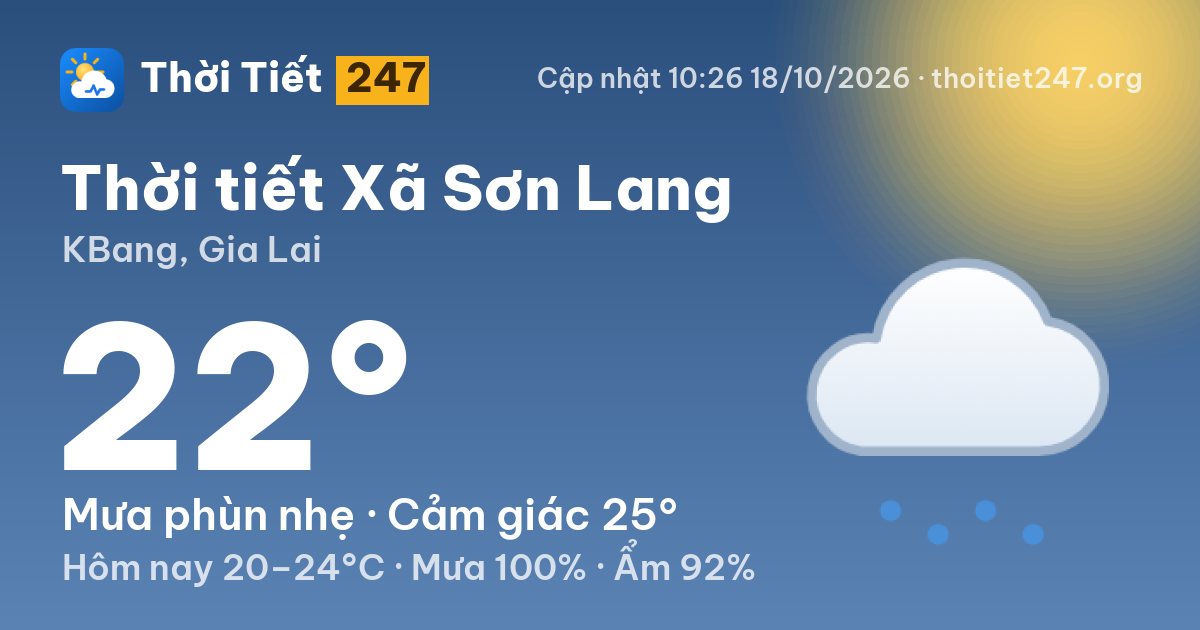 Thời tiết Xã Sơn Lang hôm nay 18/10/2026: 22°C, mưa phùn nhẹ
