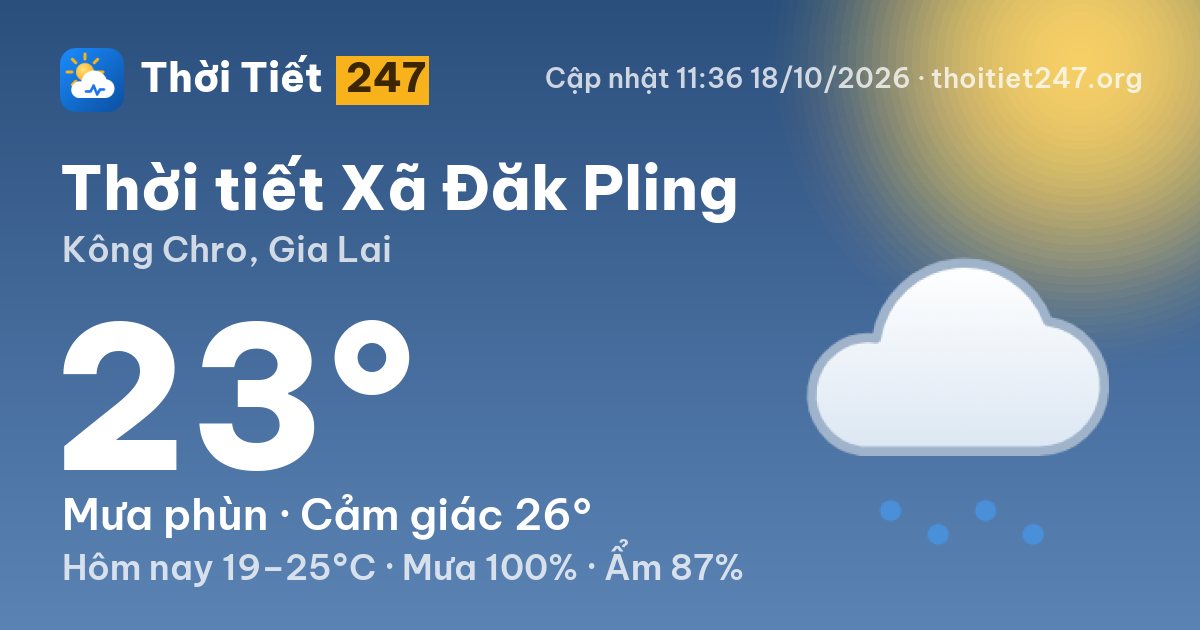 Thời tiết Xã Đăk Pling hôm nay 18/10/2026: 23°C, mưa phùn