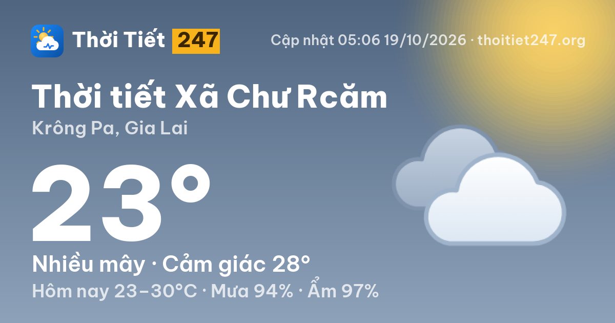 Thời tiết Xã Chư Rcăm hôm nay 19/10/2026: 23°C, nhiều mây