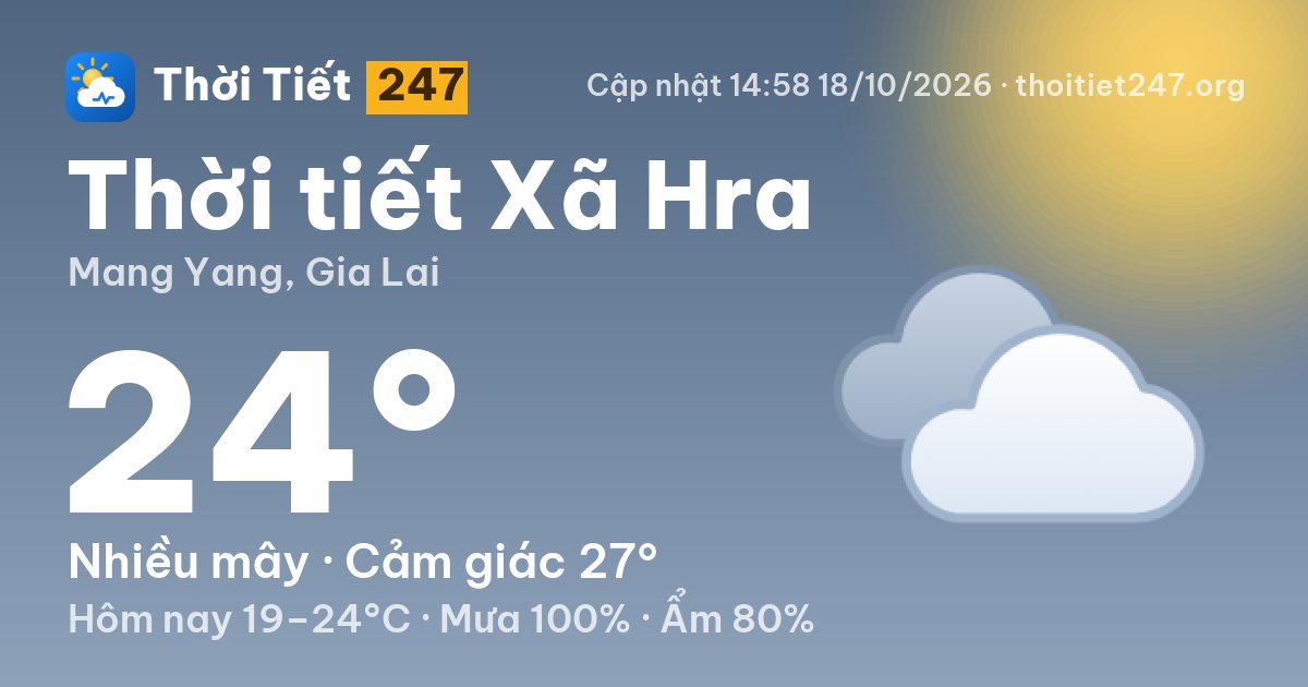 Thời tiết Xã Hra hôm nay 18/10/2026: 24°C, nhiều mây