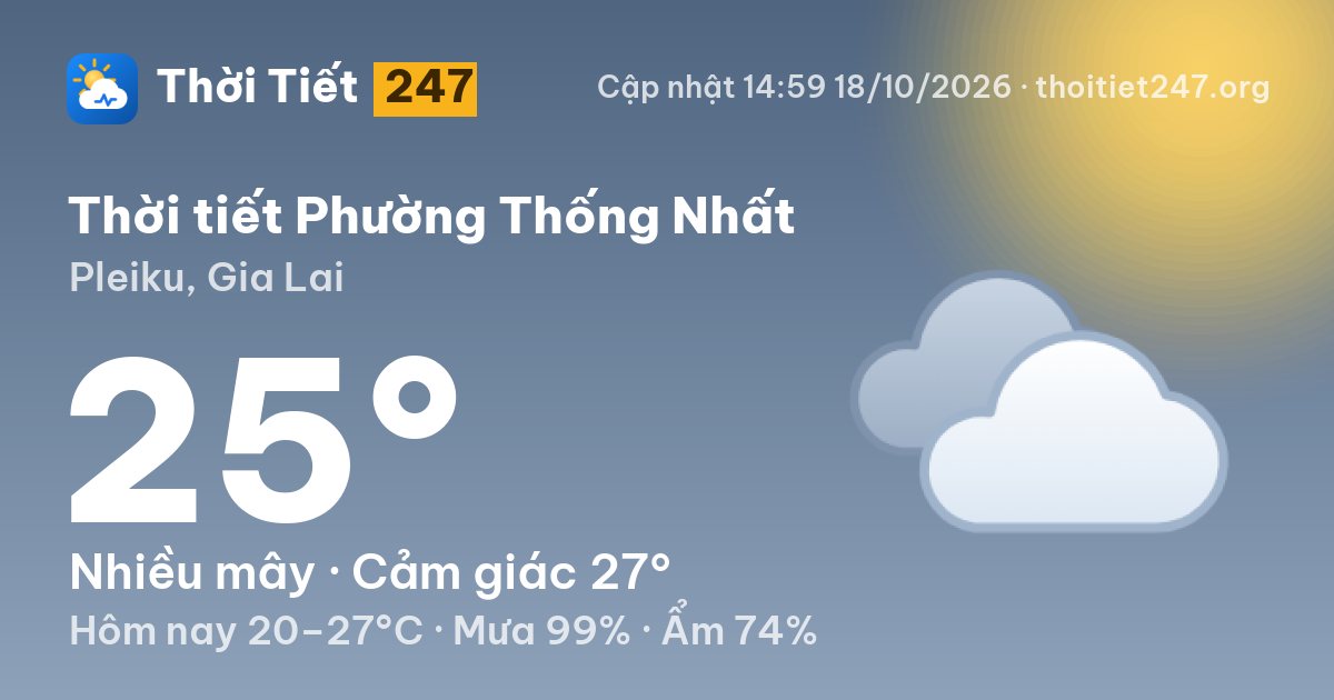 Thời tiết Phường Thống Nhất hôm nay 18/10/2026: 25°C, nhiều mây