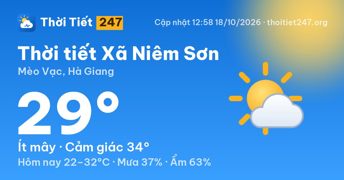 Thời tiết Xã Niêm Sơn hôm nay 18/10/2026: 29°C, ít mây