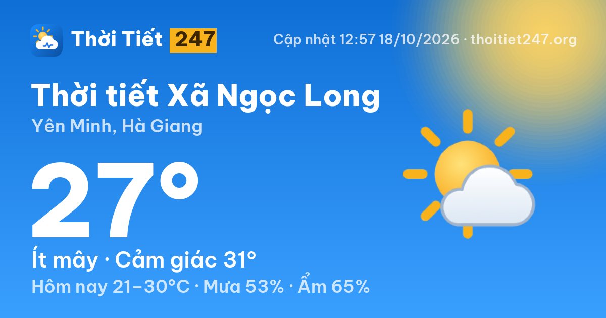 Thời tiết Xã Ngọc Long hôm nay 18/10/2026: 27°C, ít mây
