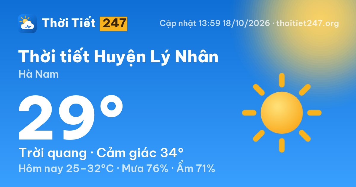 Thời tiết Huyện Lý Nhân hôm nay 18/10/2026: 29°C, trời quang