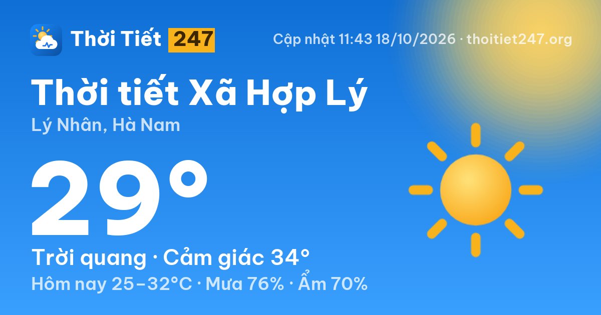 Thời tiết Xã Hợp Lý hôm nay 18/10/2026: 29°C, trời quang