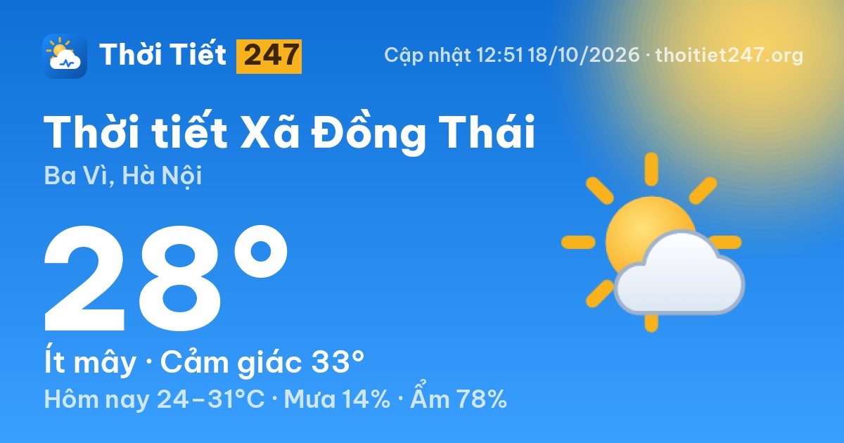 Thời tiết Xã Đồng Thái hôm nay 18/10/2026: 28°C, ít mây