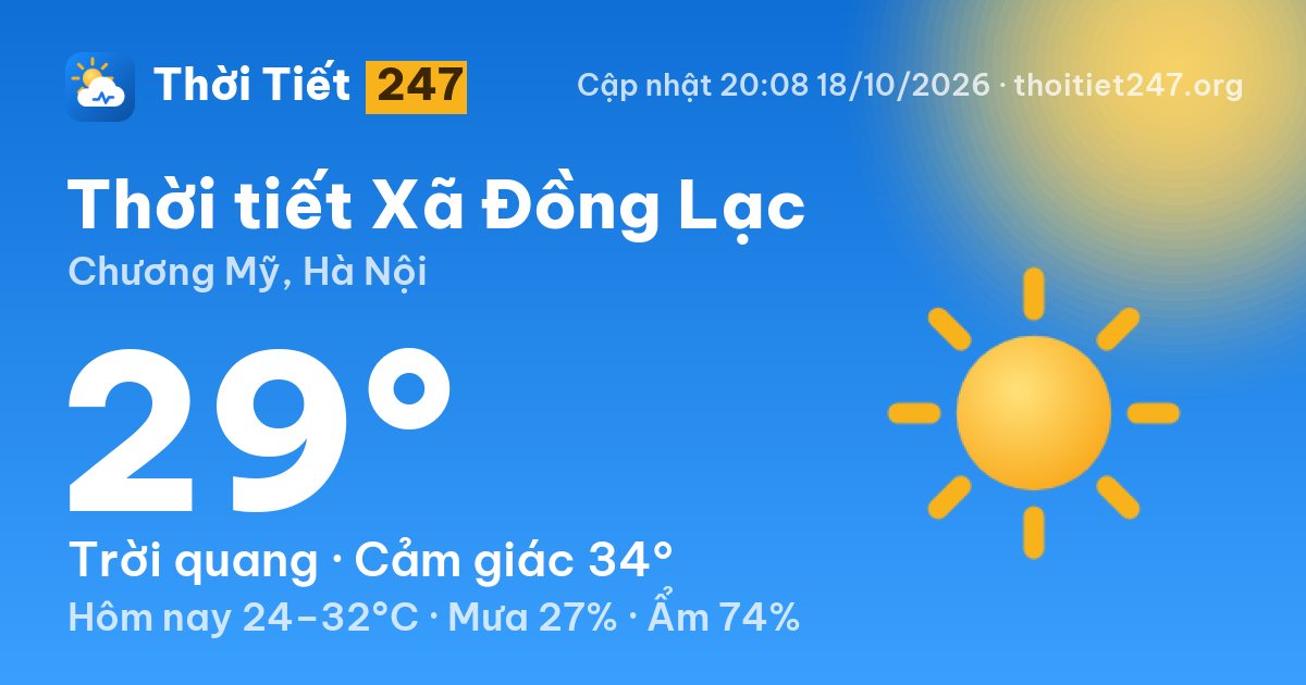 Thời tiết Xã Đồng Lạc hôm nay 18/10/2026: 29°C, trời quang