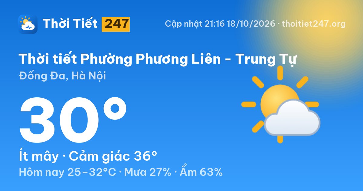 Thời tiết Phường Phương Liên - Trung Tự hôm nay 18/10/2026: 30°C, ít mây
