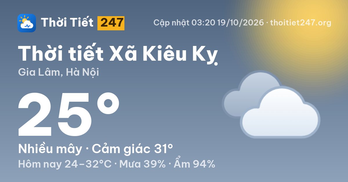 Thời tiết Xã Kiêu Kỵ hôm nay 19/10/2026: 30°C, trời quang