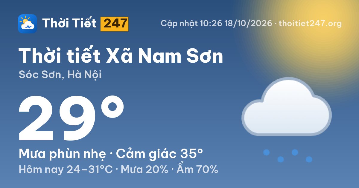 Thời tiết Xã Nam Sơn hôm nay 18/10/2026: 26°C, ít mây