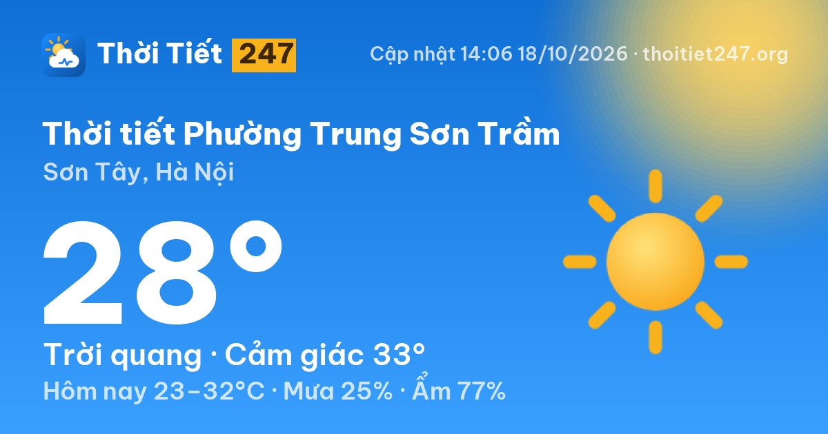 Thời tiết Phường Trung Sơn Trầm hôm nay 18/10/2026: 28°C, trời quang