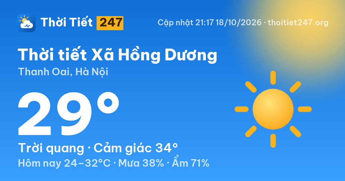 Thời tiết Xã Hồng Dương hôm nay 18/10/2026: 29°C, trời quang