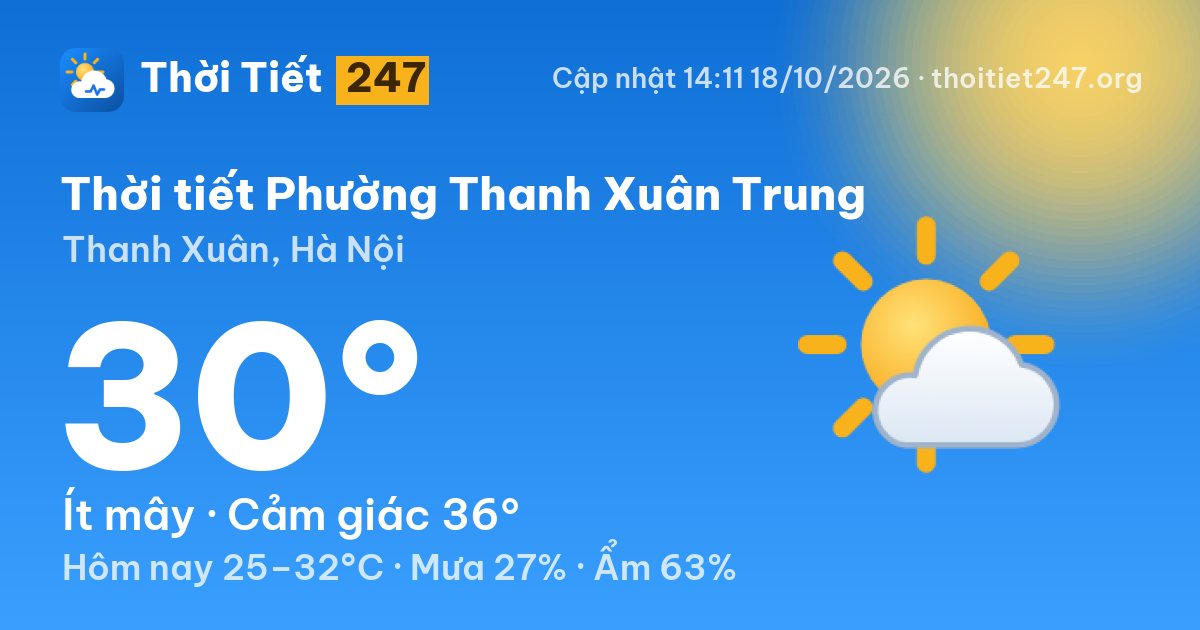 Thời tiết Phường Thanh Xuân Trung hôm nay 18/10/2026: 27°C, trời quang