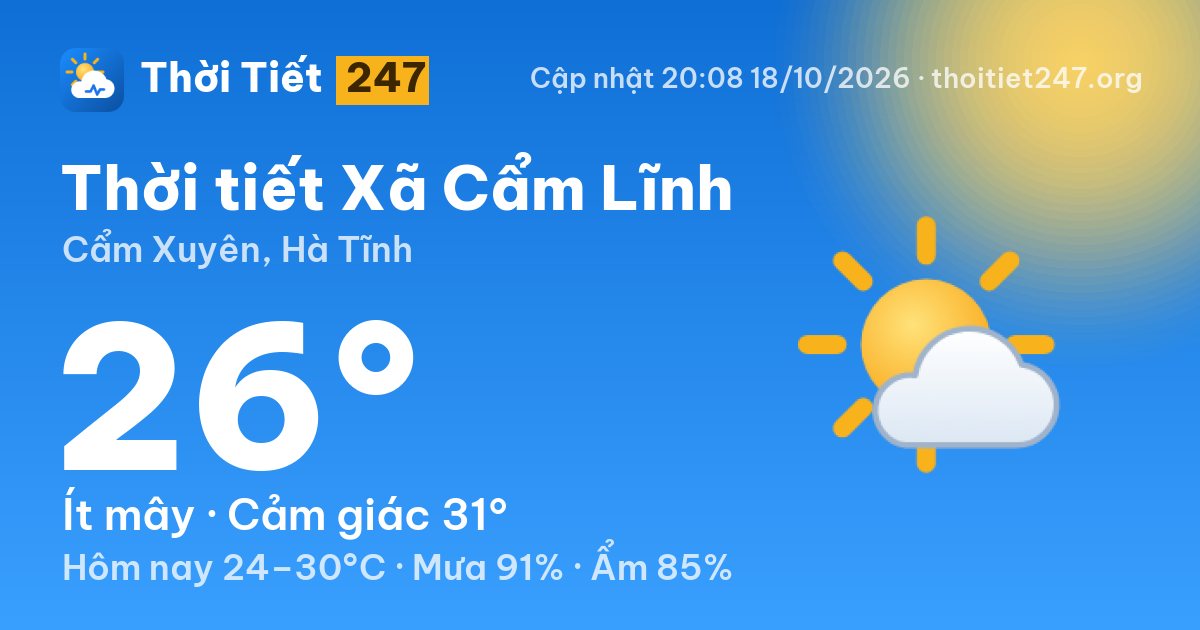Thời tiết Xã Cẩm Lĩnh hôm nay 18/10/2026: 26°C, ít mây