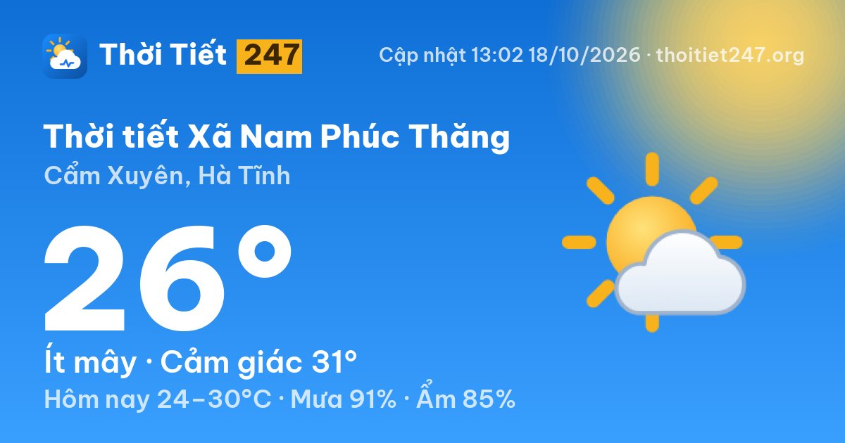 Thời tiết Xã Nam Phúc Thăng hôm nay 18/10/2026: 26°C, ít mây
