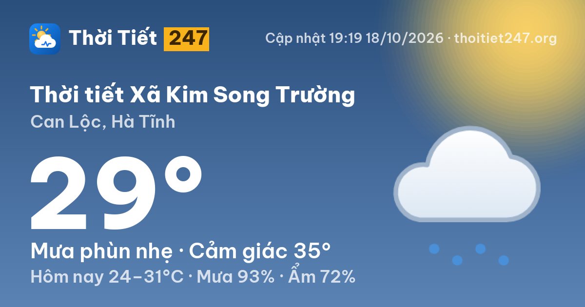 Thời tiết Xã Kim Song Trường hôm nay 18/10/2026: 29°C, mưa phùn nhẹ