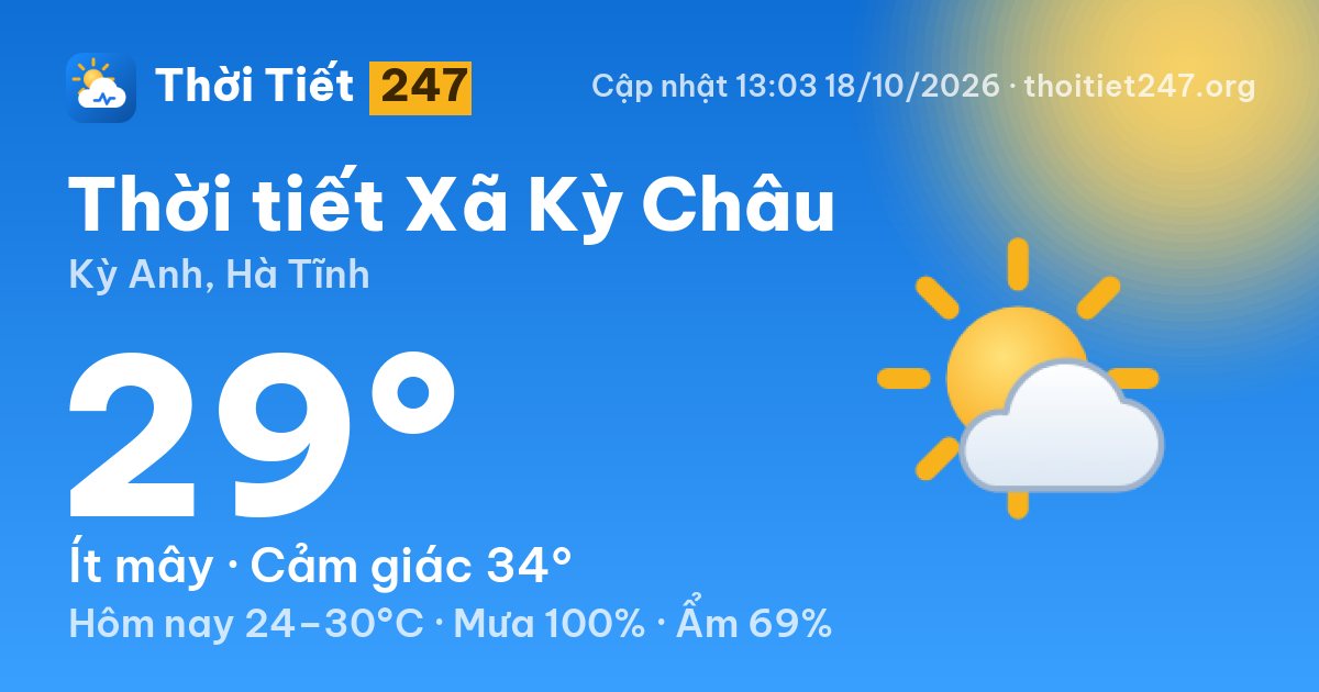 Thời tiết Xã Kỳ Châu hôm nay 18/10/2026: 29°C, ít mây