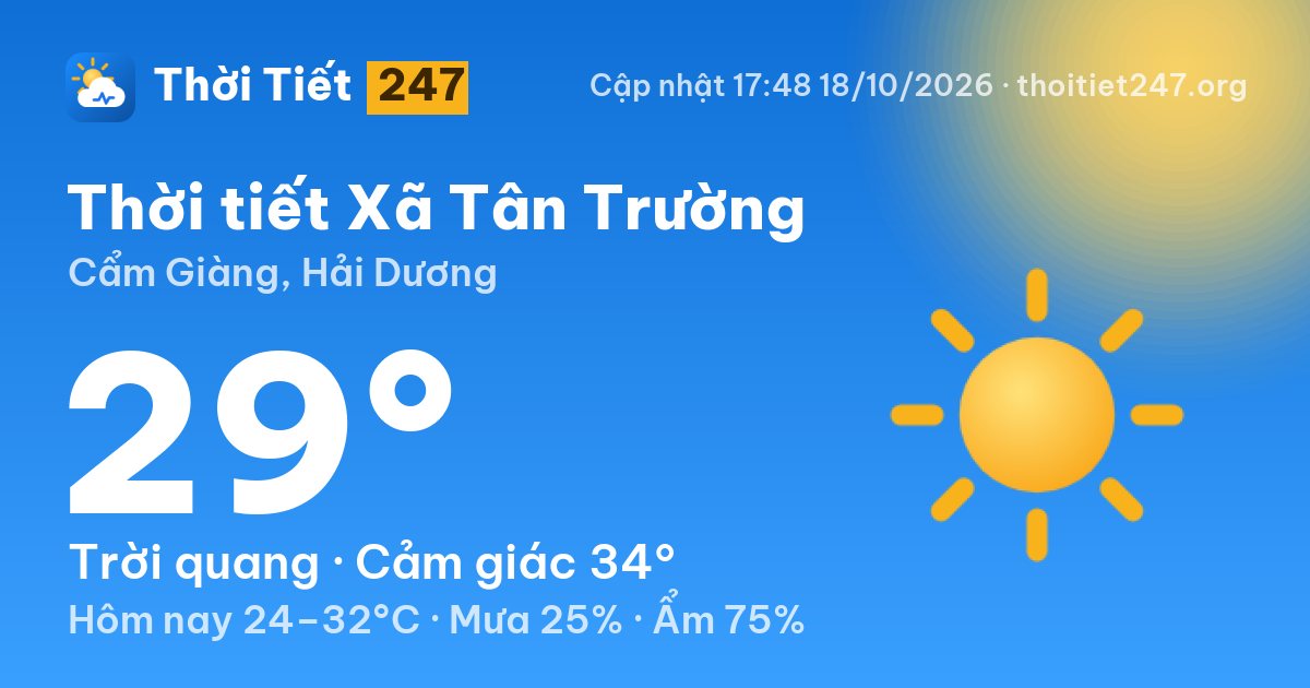 Thời tiết Xã Tân Trường hôm nay 18/10/2026: 29°C, trời quang