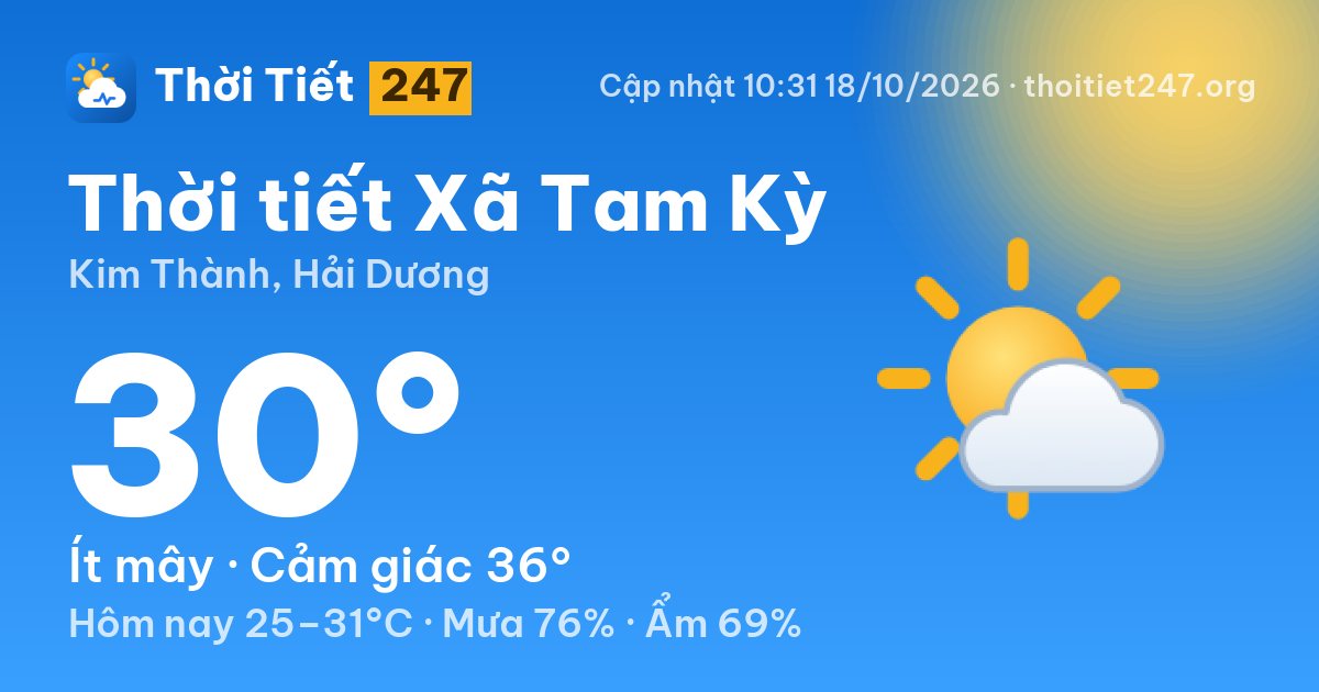 Thời tiết Xã Tam Kỳ hôm nay 18/10/2026: 27°C, ít mây