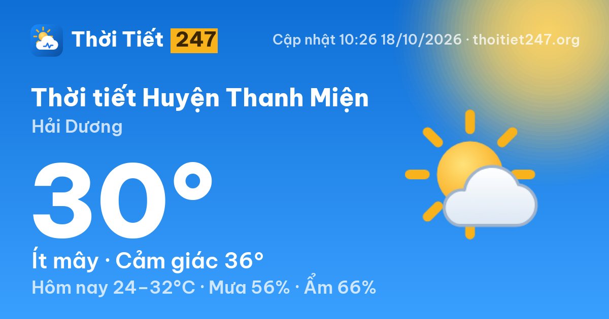 Thời tiết Huyện Thanh Miện hôm nay 18/10/2026: 27°C, ít mây