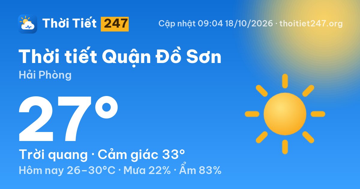 Thời tiết Quận Đồ Sơn hôm nay 18/10/2026: 27°C, trời quang