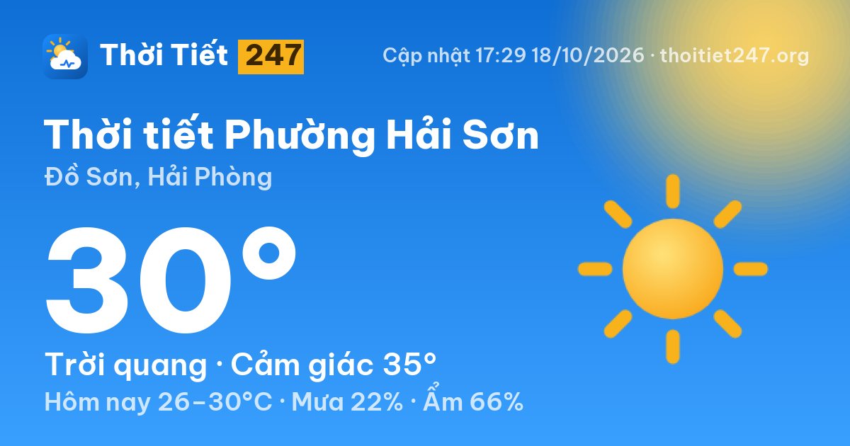 Thời tiết Phường Hải Sơn hôm nay 18/10/2026: 30°C, trời quang