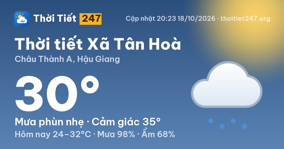 Thời tiết Xã Tân Hoà hôm nay 18/10/2026: 30°C, mưa phùn nhẹ