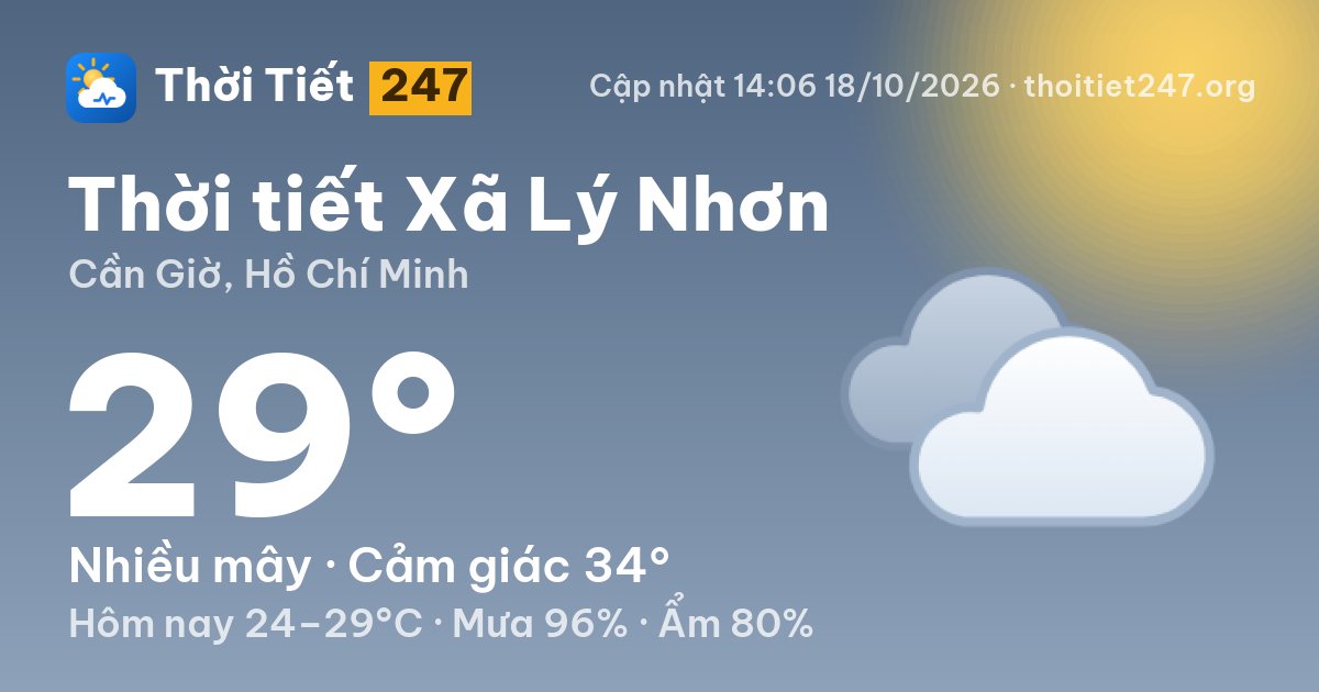 Thời tiết Xã Lý Nhơn hôm nay 18/10/2026: 29°C, nhiều mây