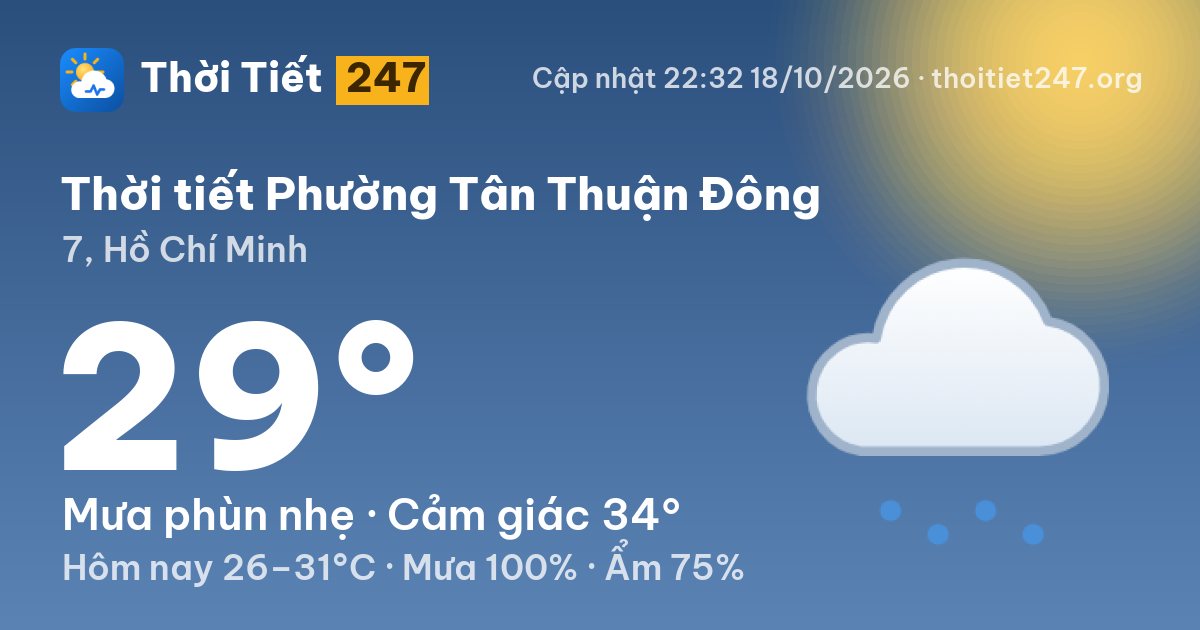 Thời tiết Phường Tân Thuận Đông hôm nay 18/10/2026: 29°C, mưa phùn nhẹ