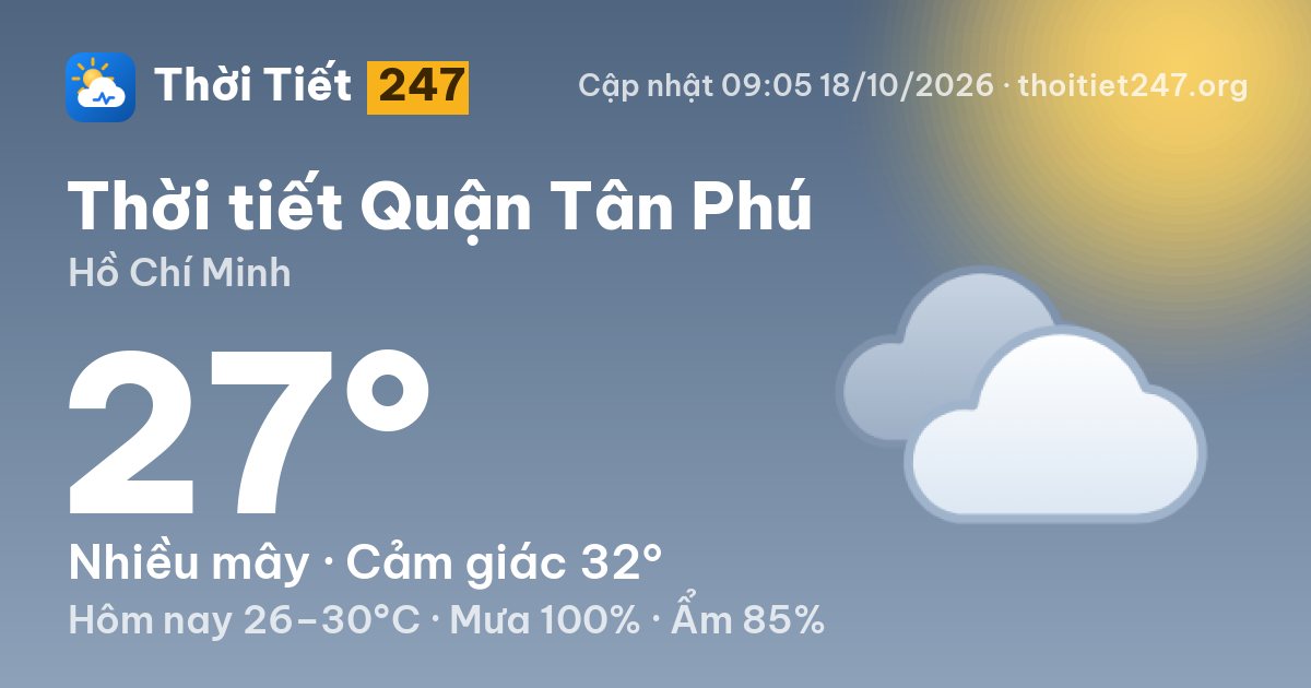 Thời tiết Quận Tân Phú hôm nay 18/10/2026: 27°C, nhiều mây