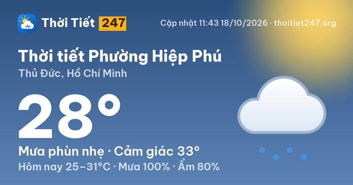 Thời tiết Phường Hiệp Phú hôm nay 18/10/2026: 28°C, mưa phùn nhẹ