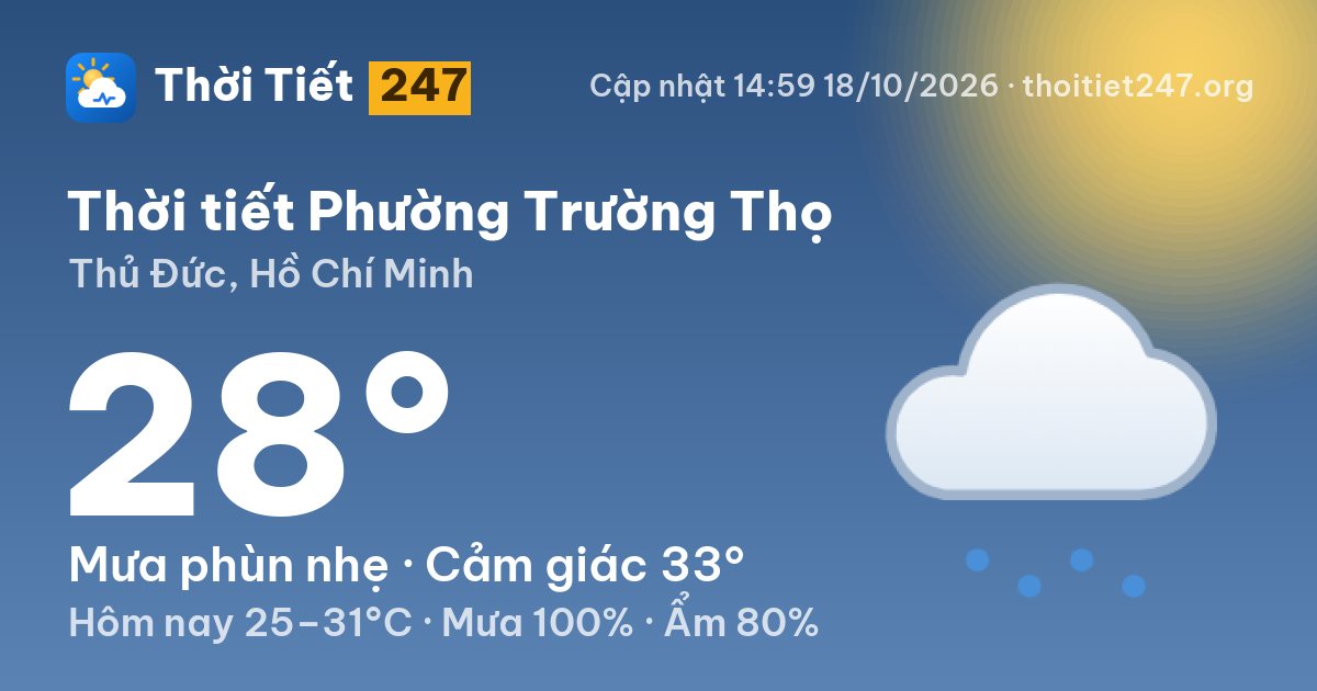 Thời tiết Phường Trường Thọ hôm nay 18/10/2026: 28°C, mưa phùn nhẹ