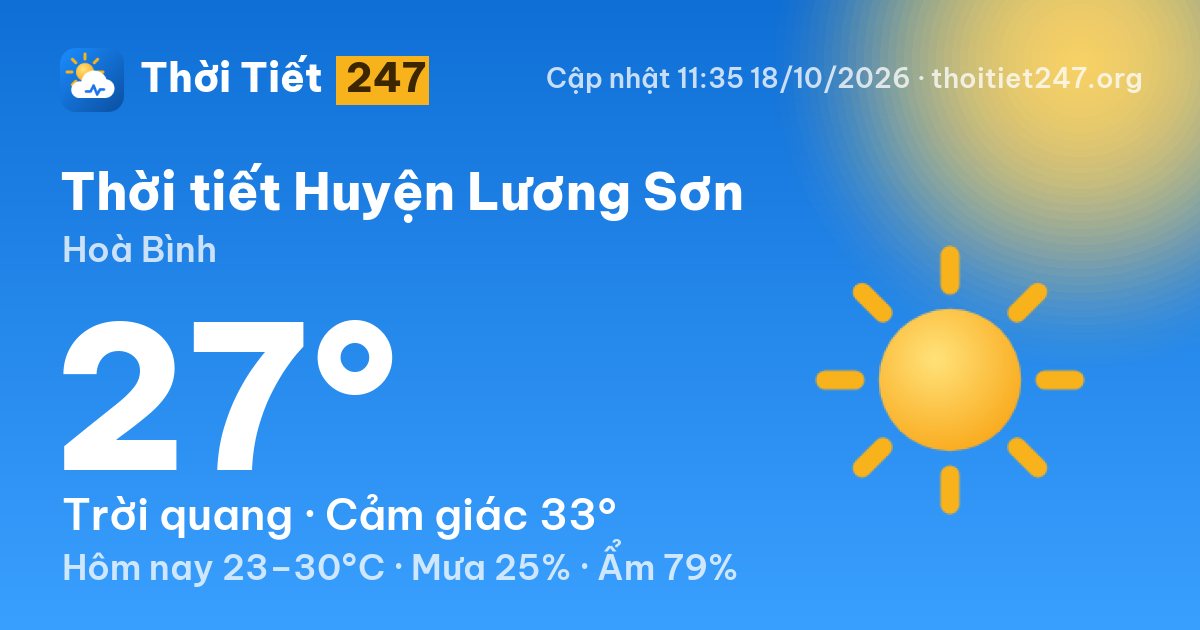 Thời tiết Huyện Lương Sơn hôm nay 18/10/2026: 27°C, trời quang