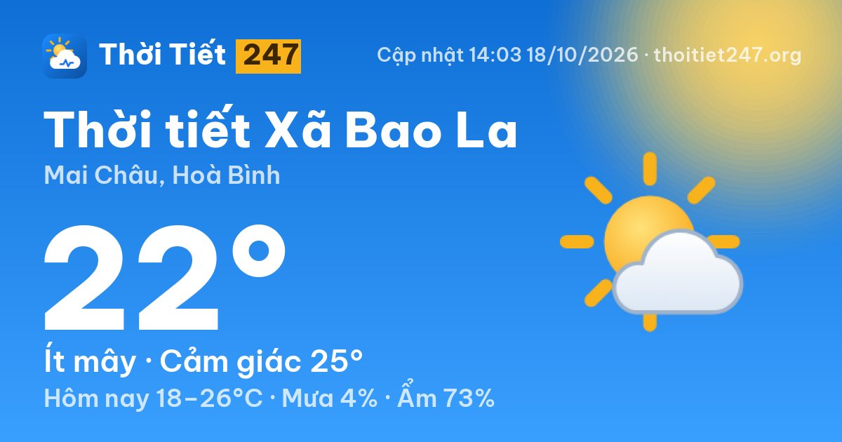 Thời tiết Xã Bao La hôm nay 18/10/2026: 22°C, ít mây