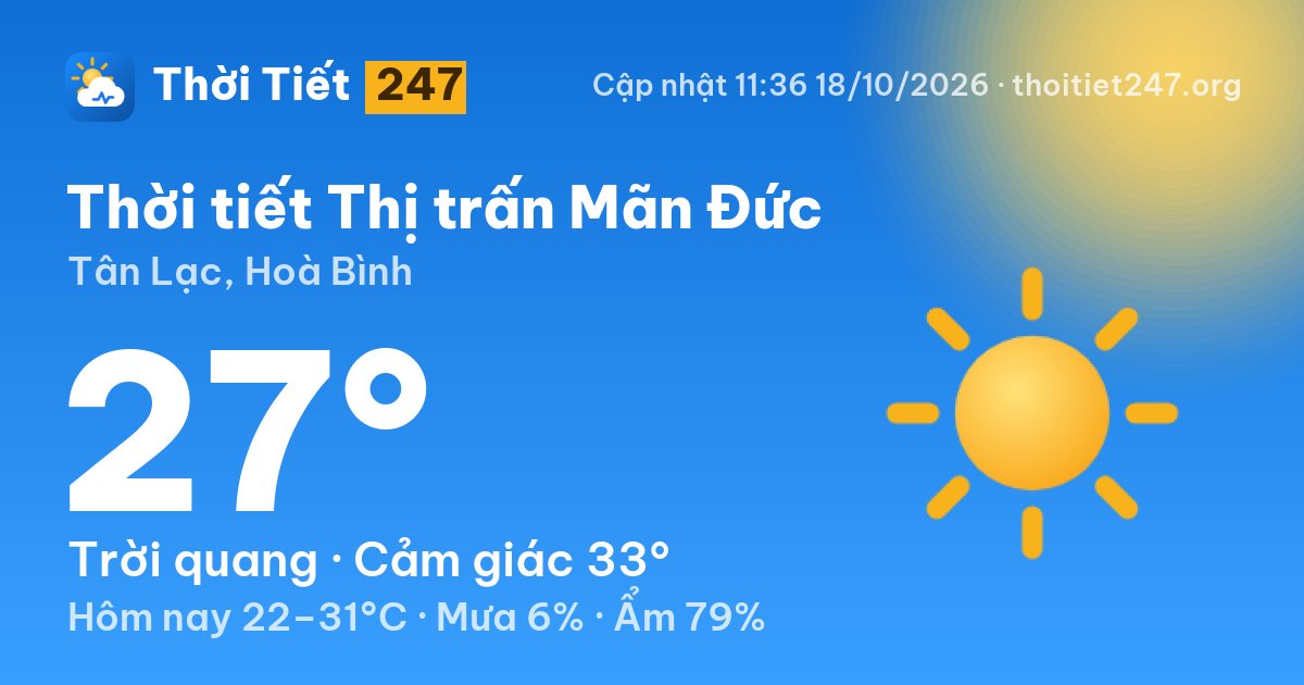 Thời tiết Thị trấn Mãn Đức hôm nay 18/10/2026: 27°C, trời quang