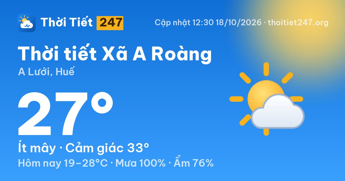 Thời tiết Xã A Roàng hôm nay 18/10/2026: 27°C, ít mây