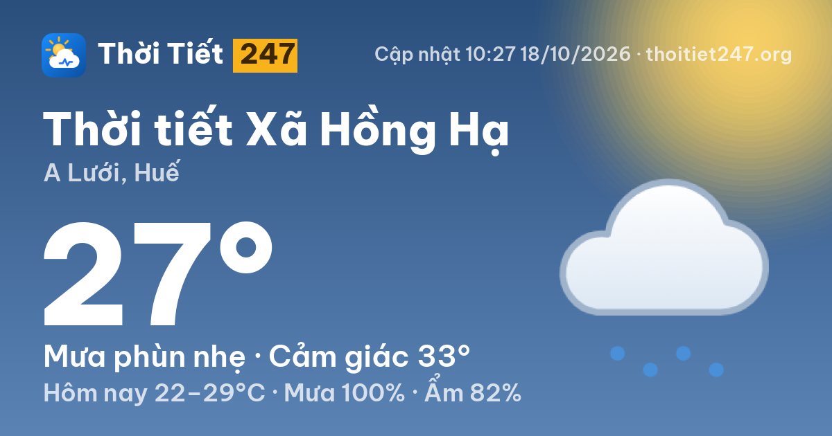 Thời tiết Xã Hồng Hạ hôm nay 18/10/2026: 27°C, mưa phùn nhẹ