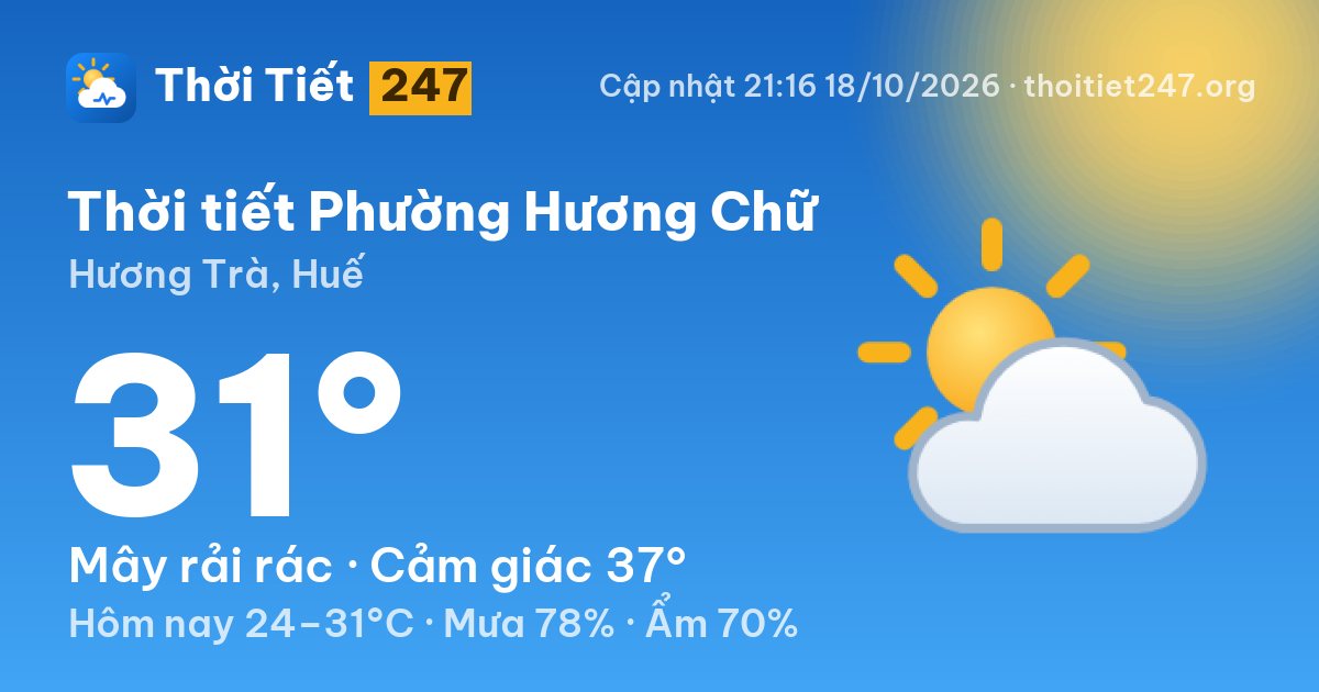 Thời tiết Phường Hương Chữ hôm nay 18/10/2026: 31°C, mây rải rác