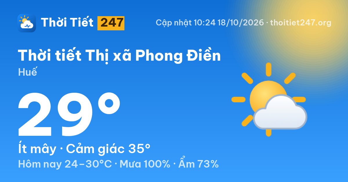 Thời tiết Thị xã Phong Điền hôm nay 18/10/2026: 27°C, trời quang