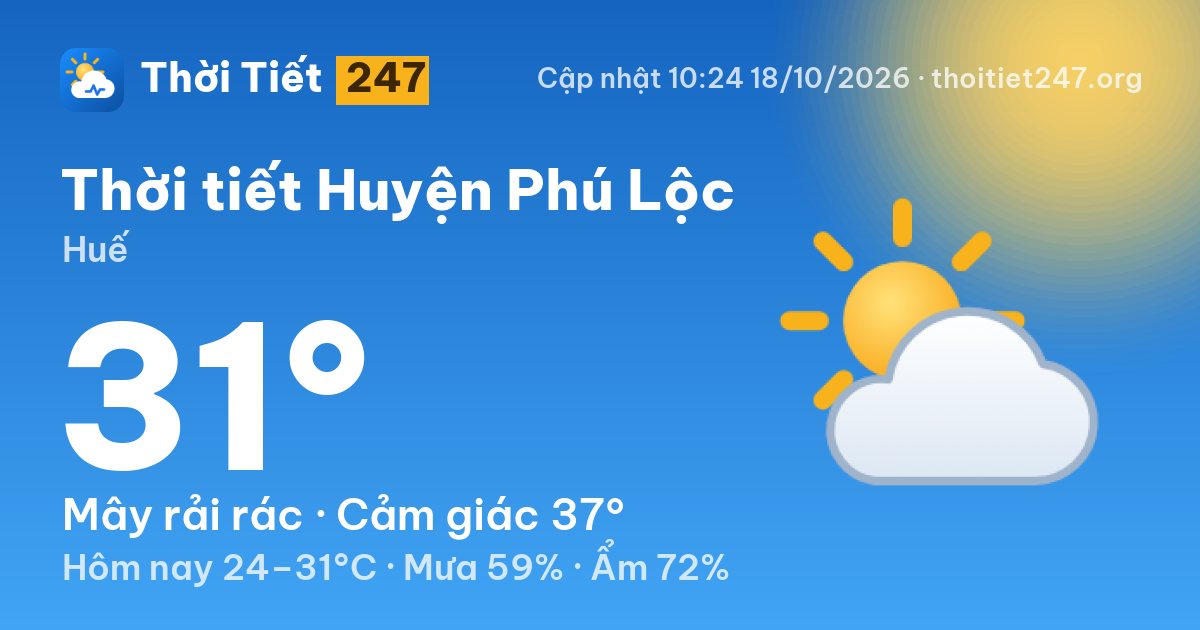 Thời tiết Huyện Phú Lộc hôm nay 18/10/2026: 28°C, trời quang