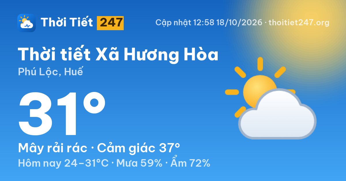 Thời tiết Xã Hương Hòa hôm nay 18/10/2026: 28°C, trời quang