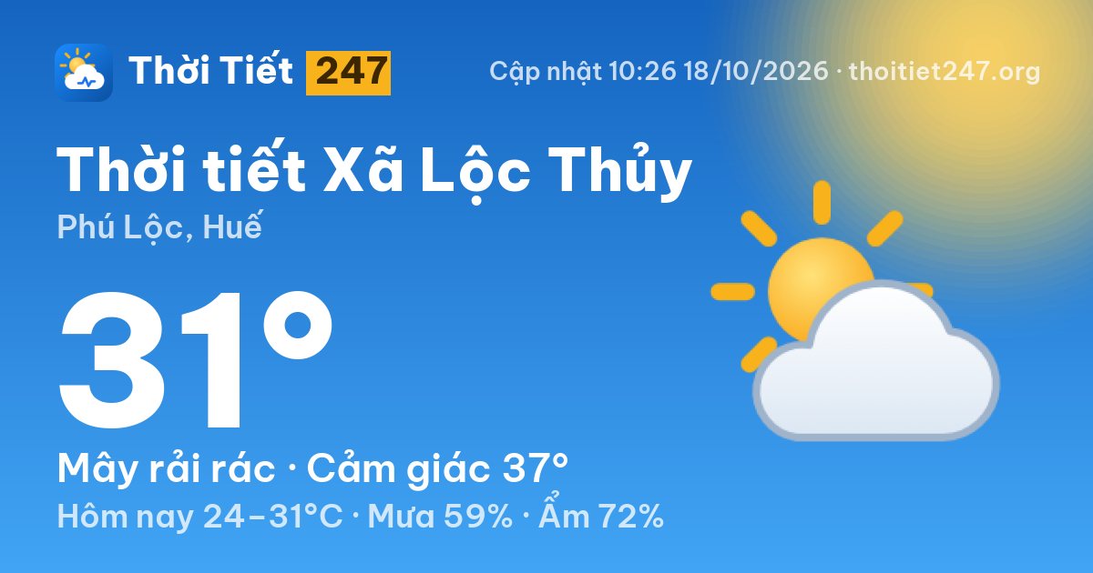 Thời tiết Xã Lộc Thủy hôm nay 18/10/2026: 28°C, trời quang